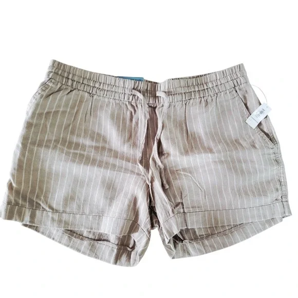 Old Navy L Womens Tan White Striped Linen Blend Pull On Shorts Mid Rise NWT - Picture 5 of 11